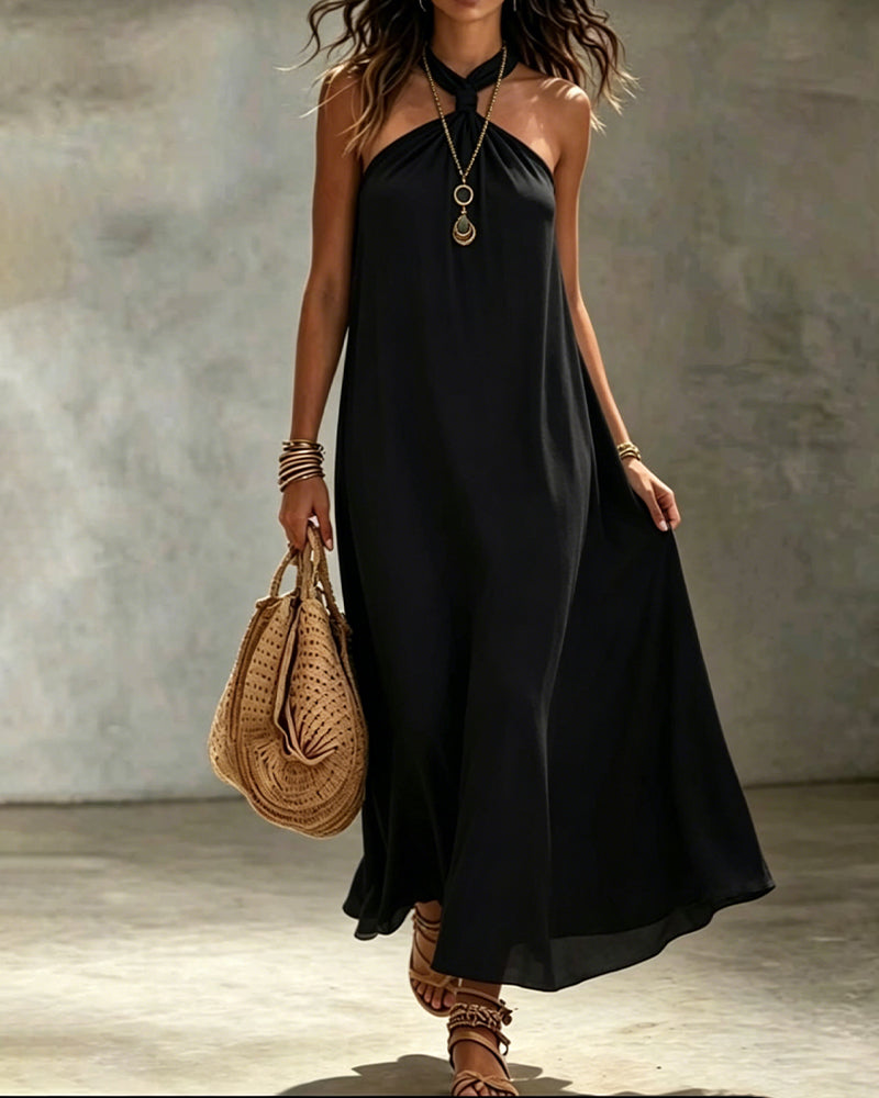Vestido liso con pañuelo al cuello y sin tirantes