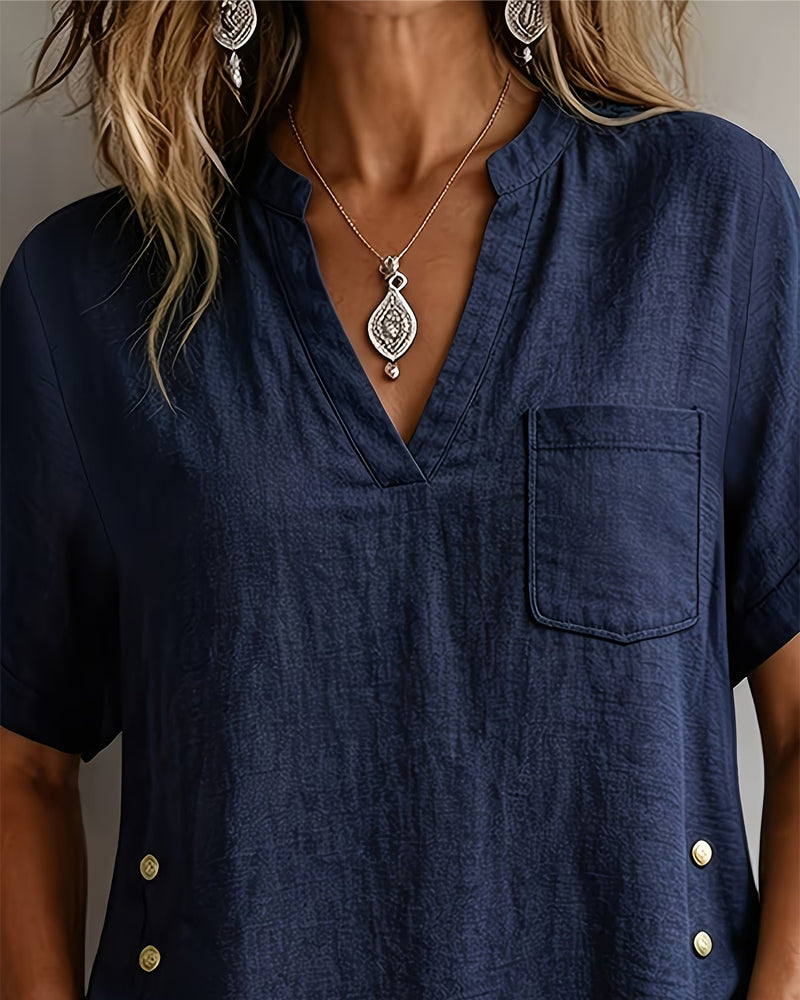 Blusa con cuello en V, manga corta y corte holgado
