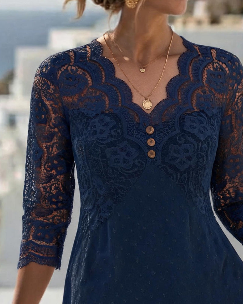 Vestido con escote en V, de encaje, estilo patchwork y corte en A