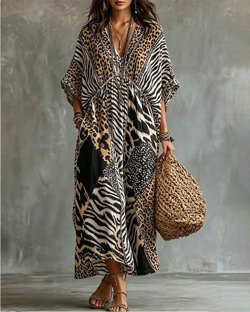 Vestido con cuello en V, estampado de leopardo y mangas de murciélago