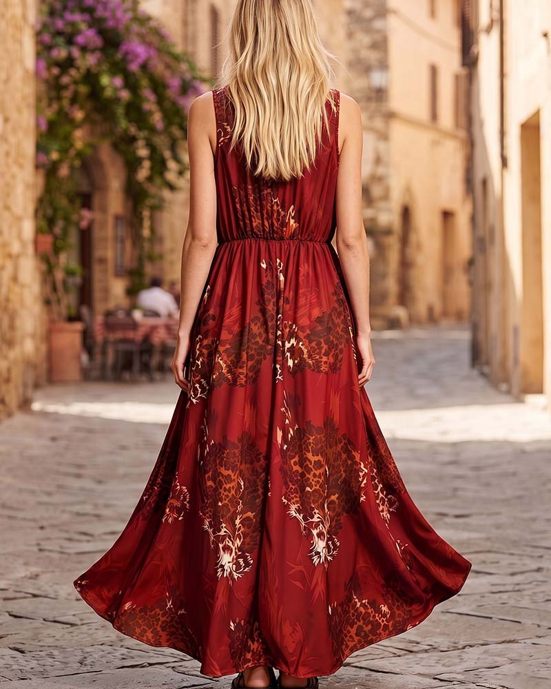 Vestido con cuello en V, estampado de leopardo, estilo bohemio, tirantes finos y corte largo