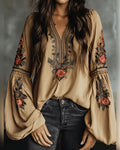 Blusa con estampado de rosas, cuello en V y estilo bohemio