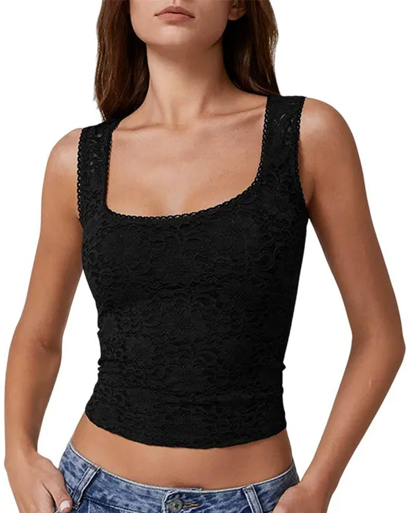 Camiseta sin mangas con ribete de encaje y escote cuadrado