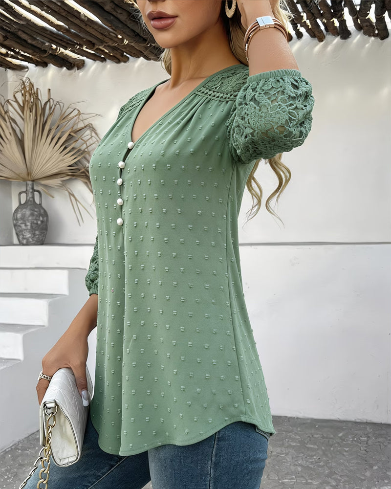Blusa de encaje con diseño de patchwork 3D y estampado floral