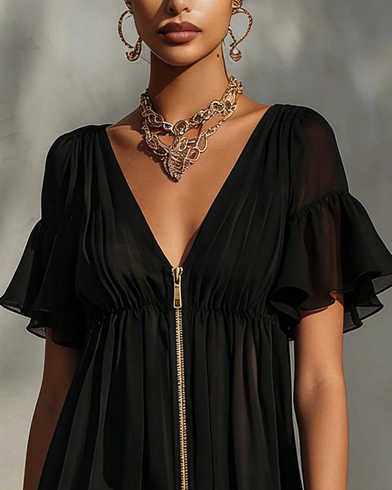 Vestido con volantes, mangas de mariposa, cremallera y encaje