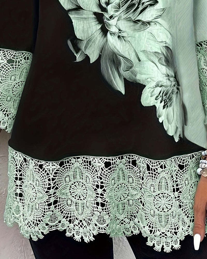 Camisa con cuello en V, estampado floral y bloques de color, con ribete de encaje