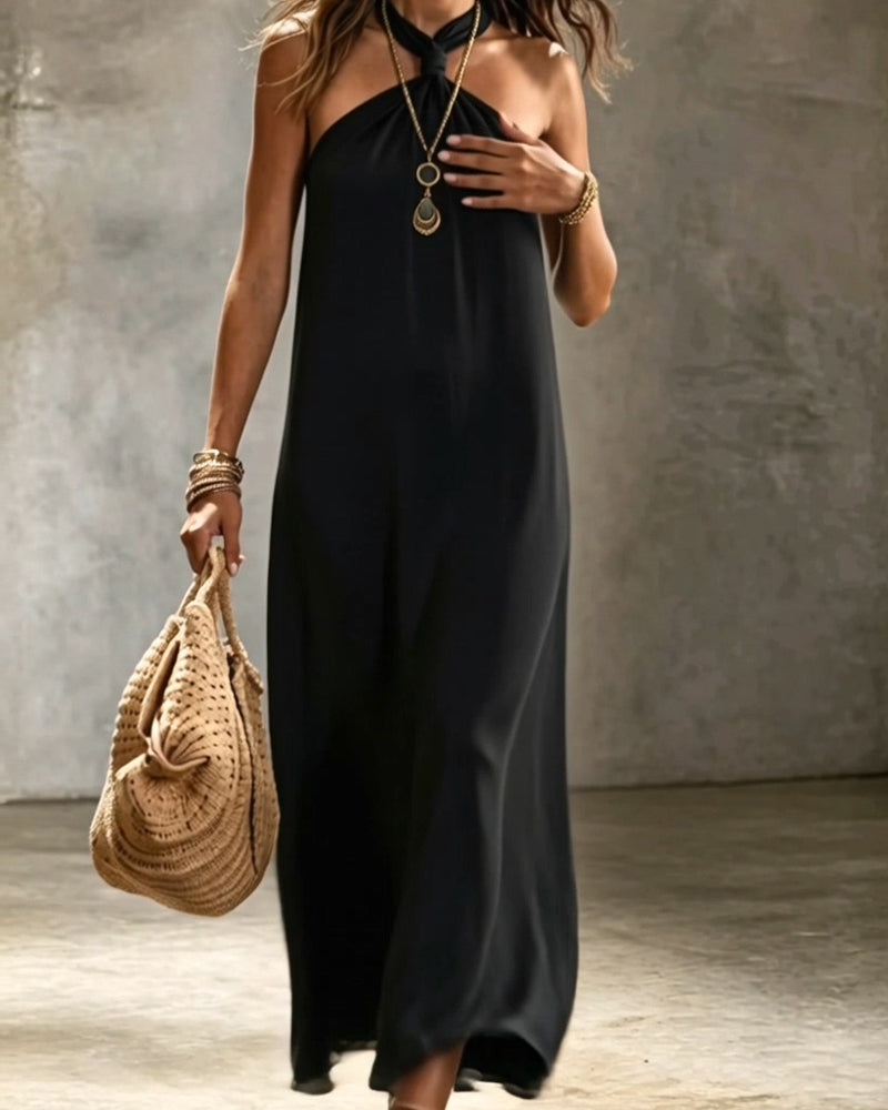 Vestido liso con pañuelo al cuello y sin tirantes