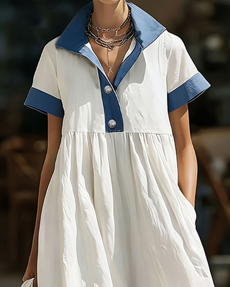 Vestido de falda amplia con cuello camisero y diseño de bloques de color