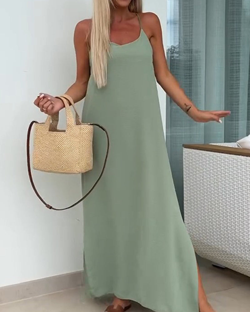 Vestido de cuello redondo, liso y con tirantes