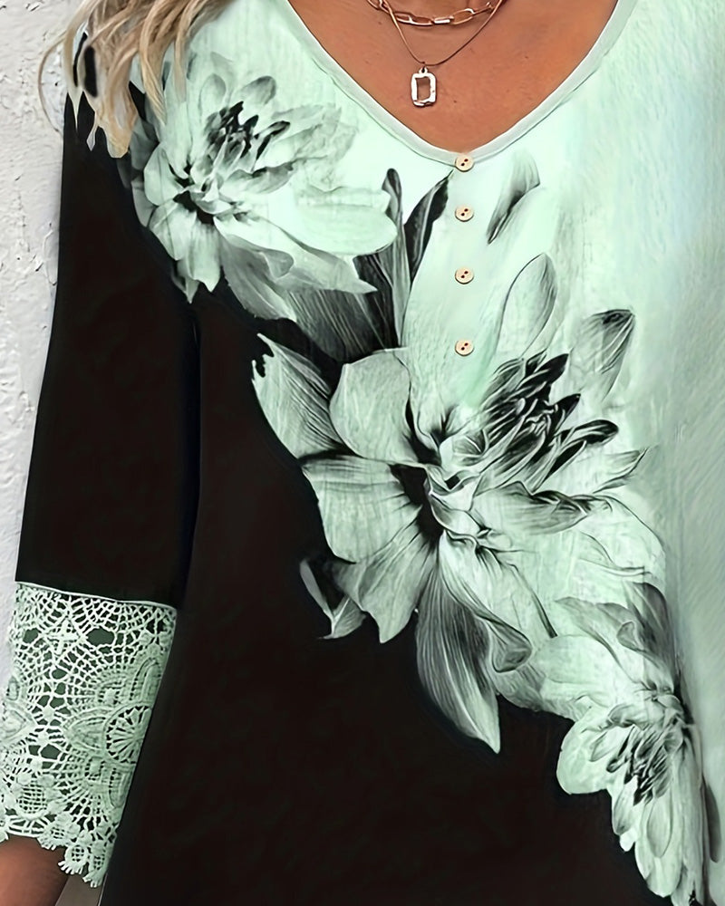 Camisa con cuello en V, estampado floral y bloques de color, con ribete de encaje