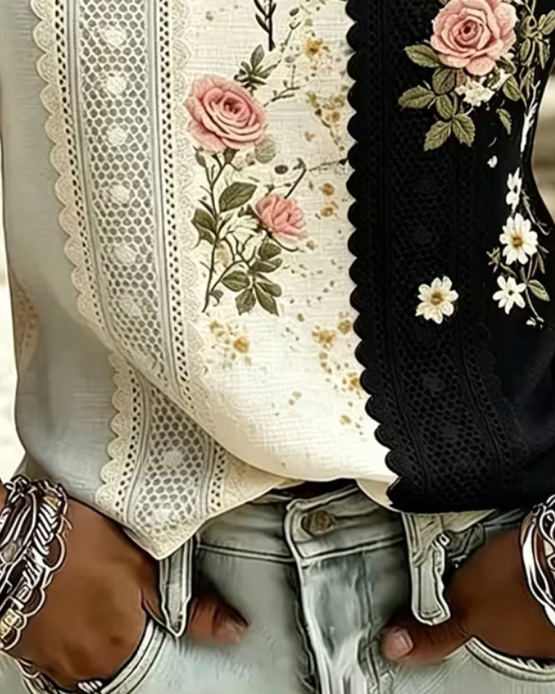 Blusa con encaje en contraste y estampado de rosas