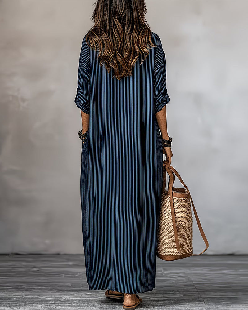 Vestido con cuello en V, a rayas y con bolsillos, estilo camisa