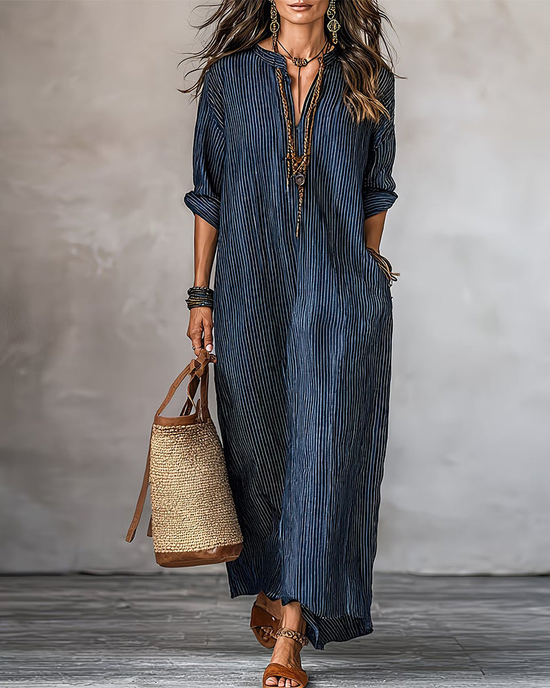 Vestido con cuello en V, a rayas y con bolsillos, estilo camisa