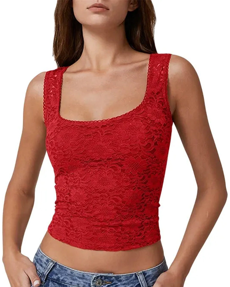 Camiseta sin mangas con ribete de encaje y escote cuadrado
