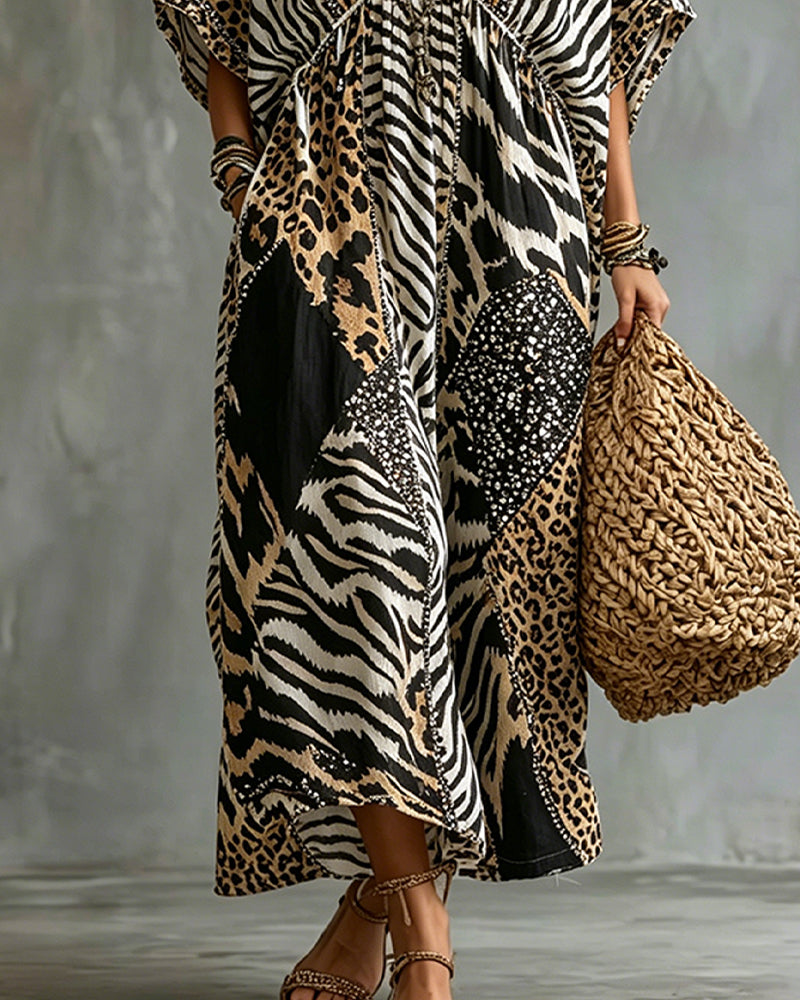 Vestido con cuello en V, estampado de leopardo y mangas de murciélago