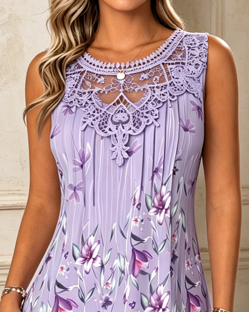Vestido sin mangas de encaje con diseño de patchwork estampado