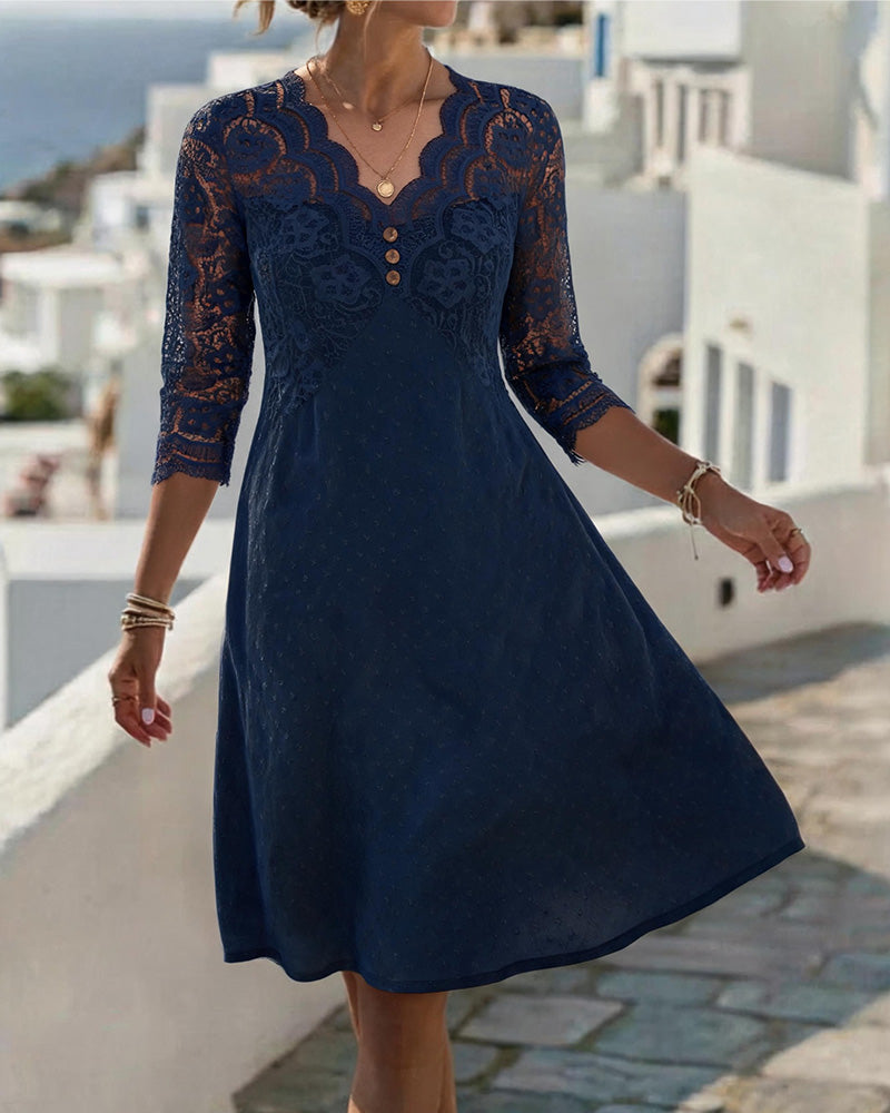 Vestido con escote en V, de encaje, estilo patchwork y corte en A