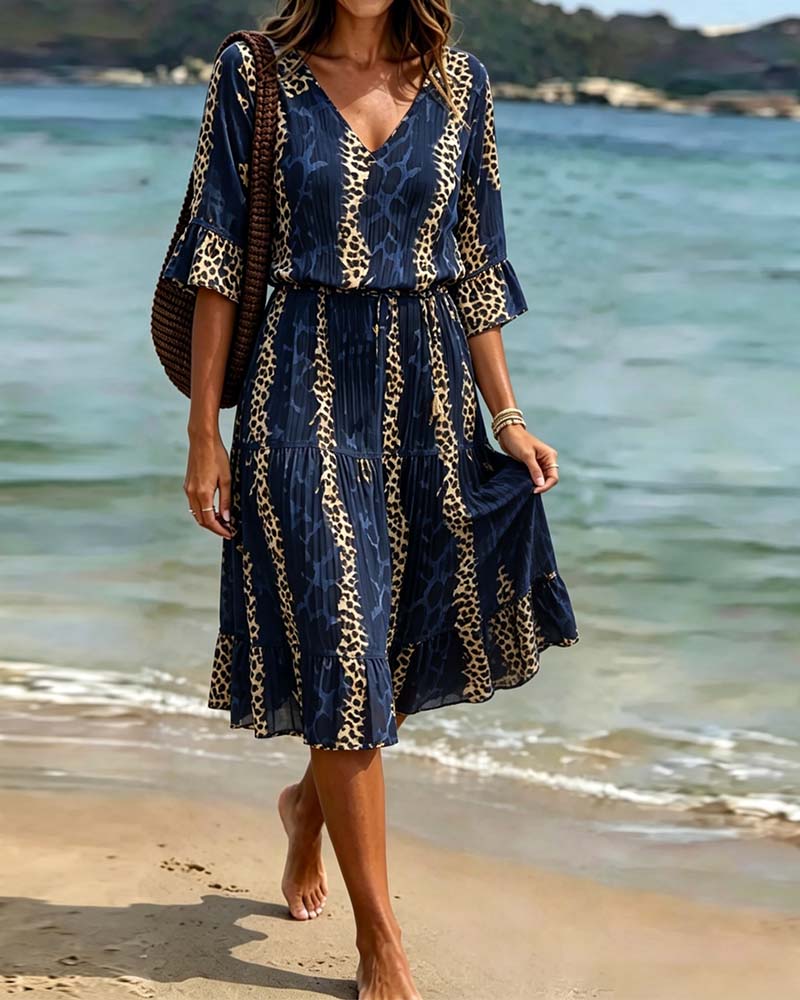 Vestido de cuello en V con estampado de leopardo en patchwork, largo midi, para las vacaciones