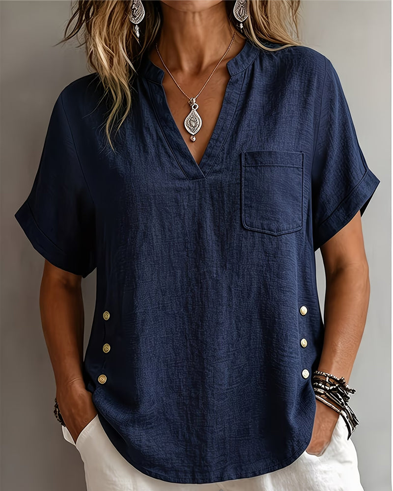 Blusa con cuello en V, manga corta y corte holgado
