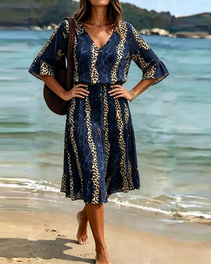 Vestido de cuello en V con estampado de leopardo en patchwork, largo midi, para las vacaciones