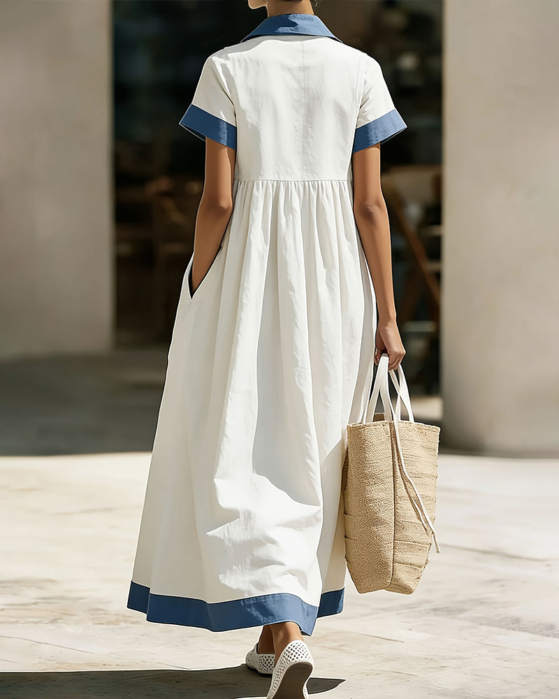 Vestido de falda amplia con cuello camisero y diseño de bloques de color