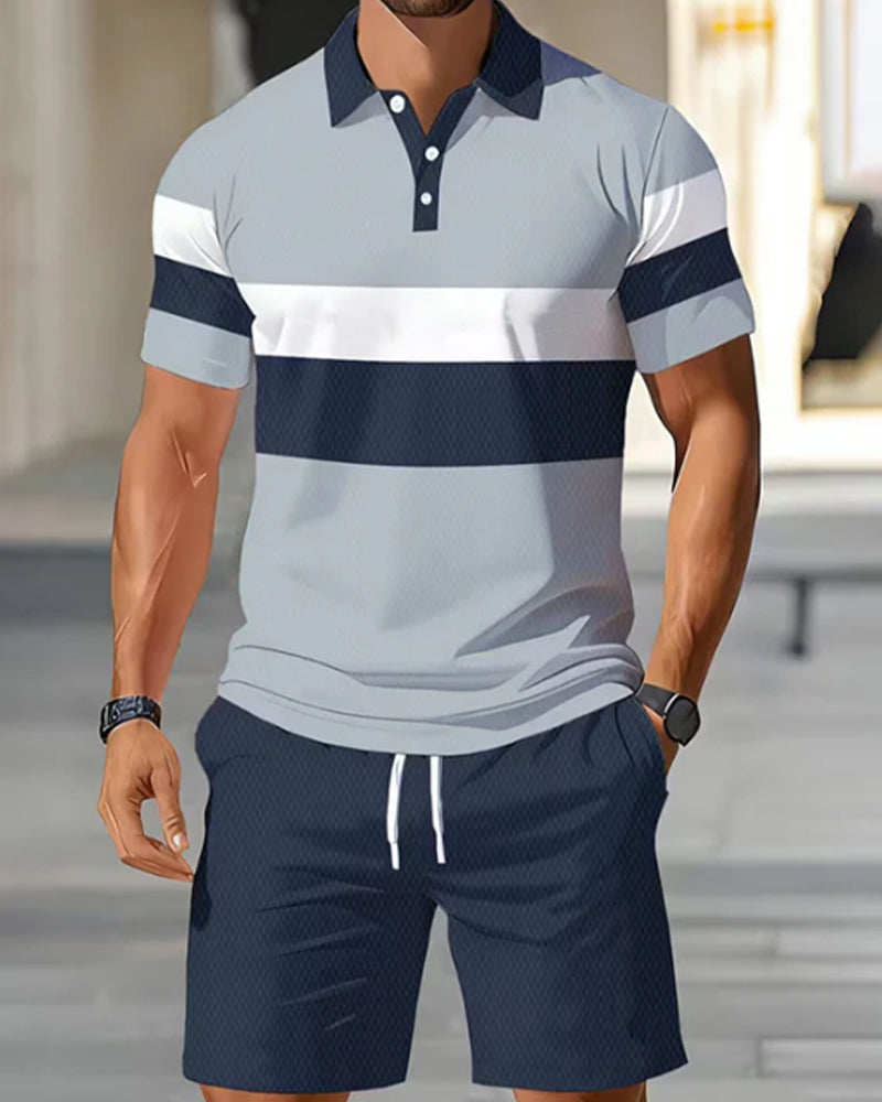 Conjunto de polo a rayas y pantalones cortos para hombre