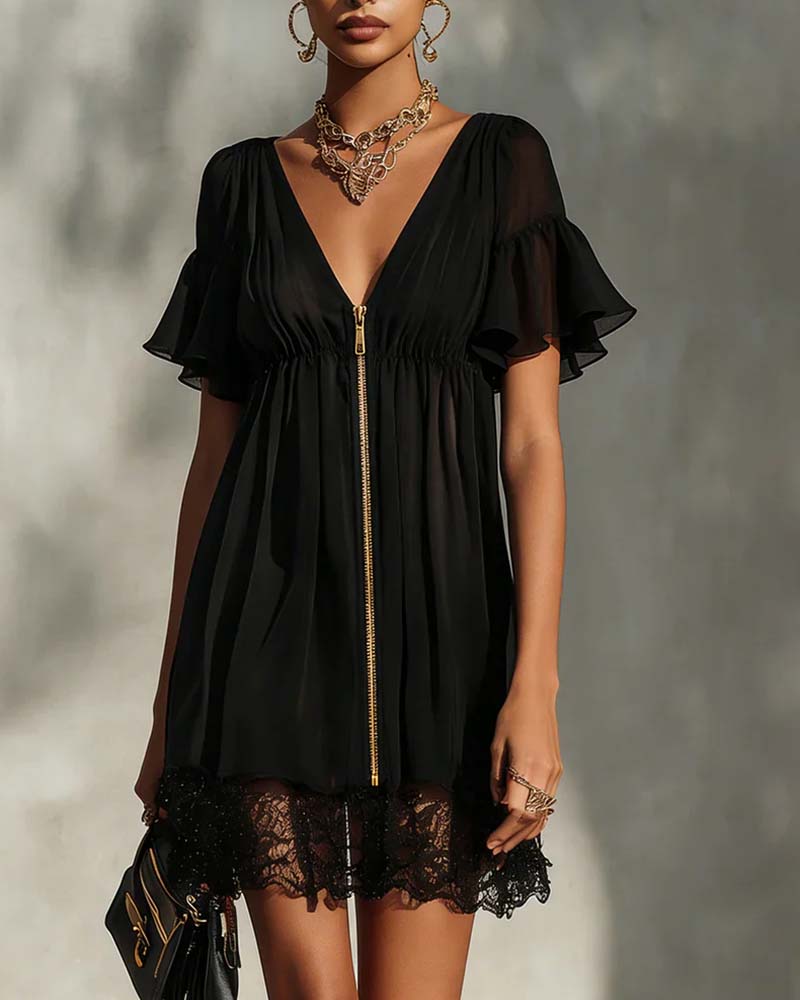 Vestido con volantes, mangas de mariposa, cremallera y encaje