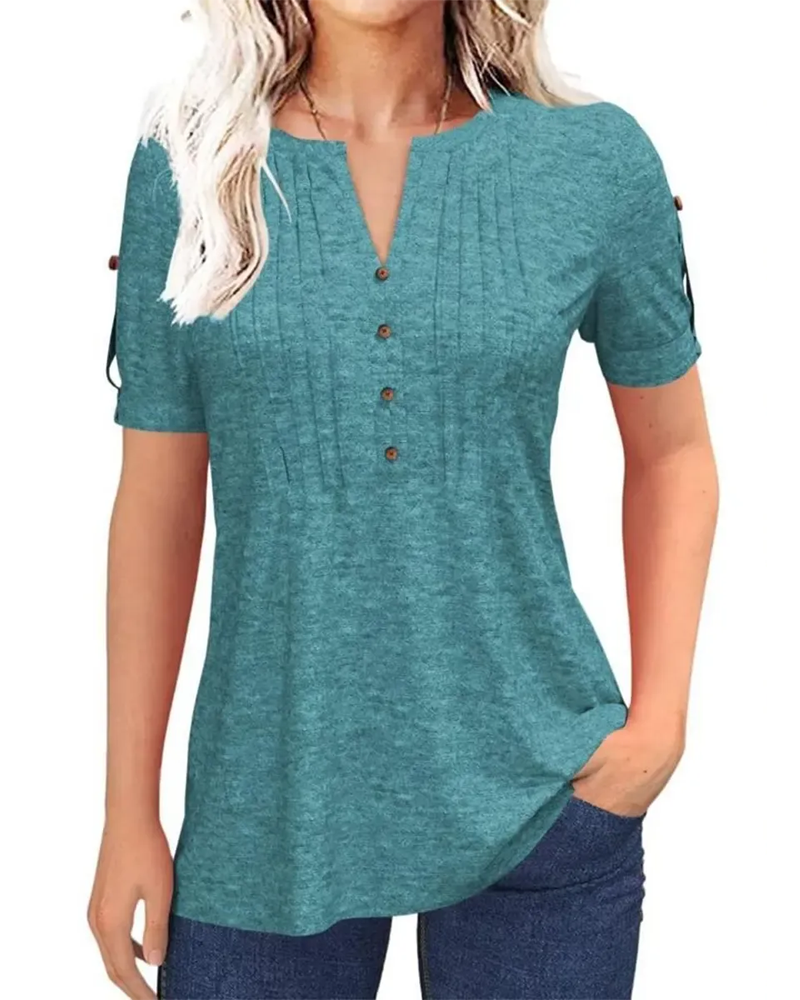 Camiseta plisada tipo Henley de manga corta