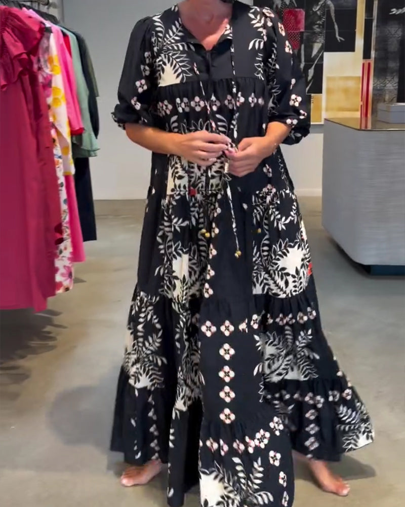 Vestido, corbata, estampado floral, falda amplia, de vacaciones, maxi