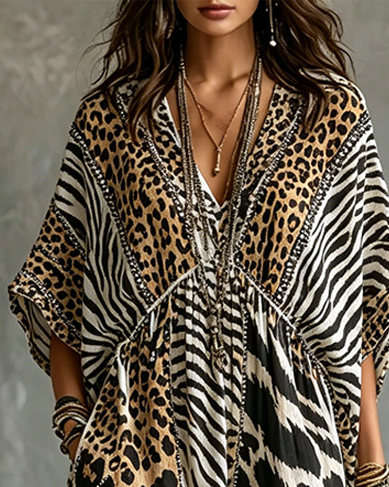 Vestido con cuello en V, estampado de leopardo y mangas de murciélago