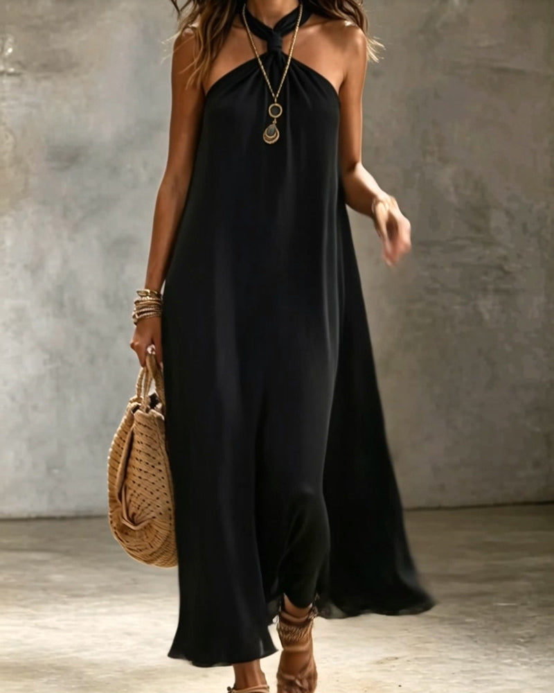 Vestido liso con pañuelo al cuello y sin tirantes
