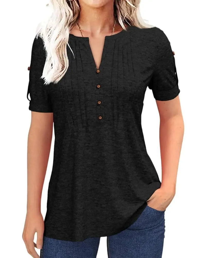 Camiseta plisada tipo Henley de manga corta