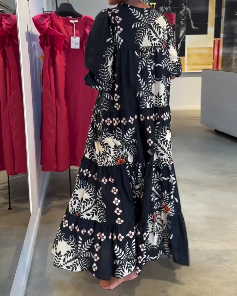 Vestido, corbata, estampado floral, falda amplia, de vacaciones, maxi