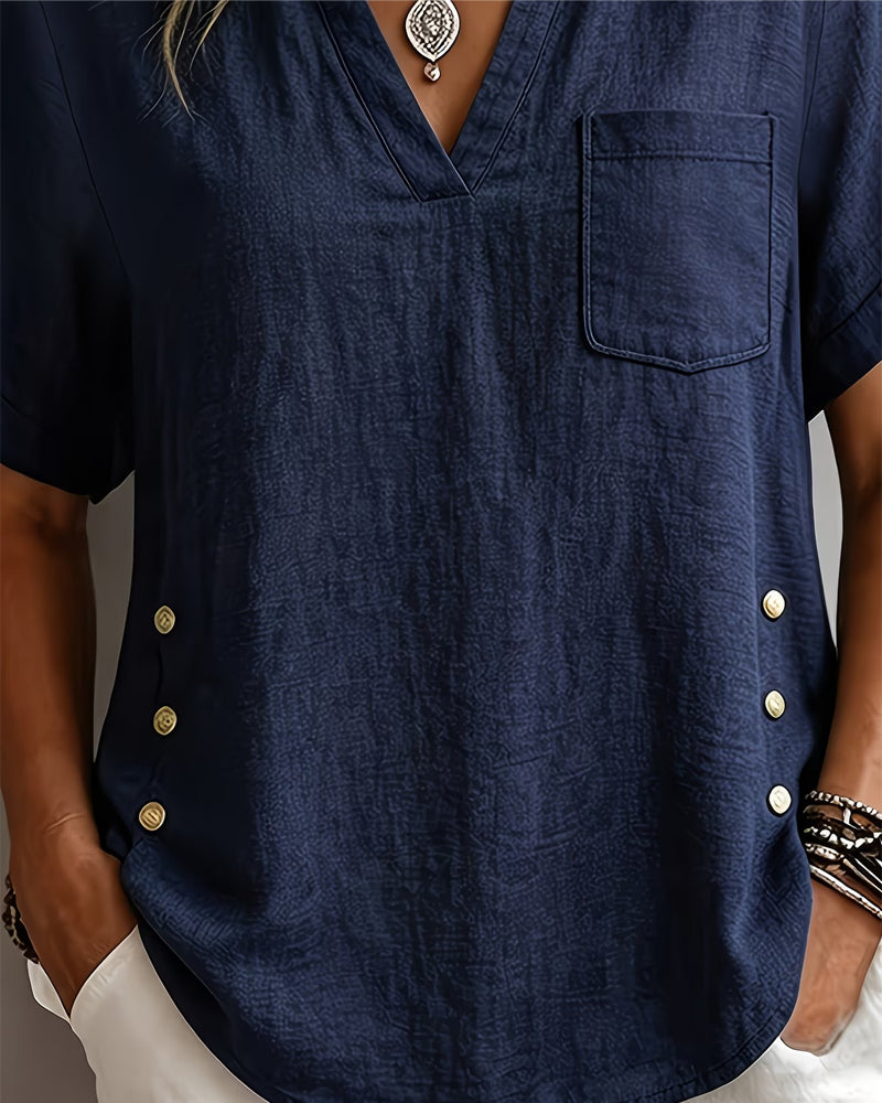 Blusa con cuello en V, manga corta y corte holgado