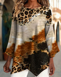 Blusa informal con cuello redondo y estampado de leopardo