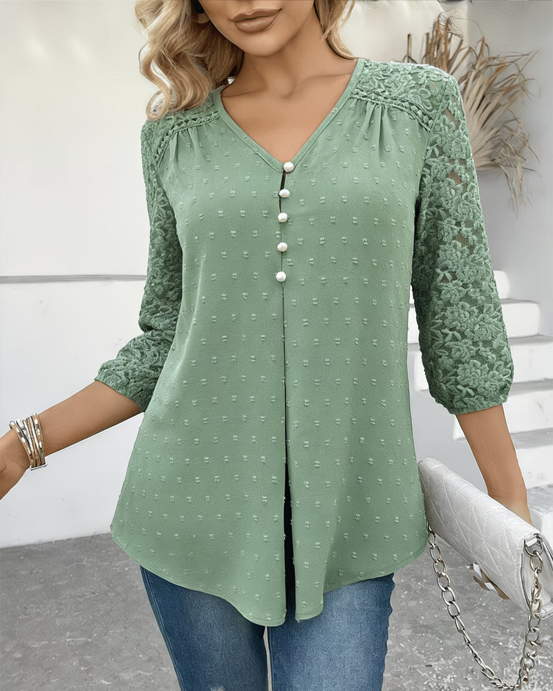 Blusa de encaje con diseño de patchwork 3D y estampado floral