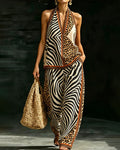Conjunto con cuello halter y estampado de cebra y leopardo