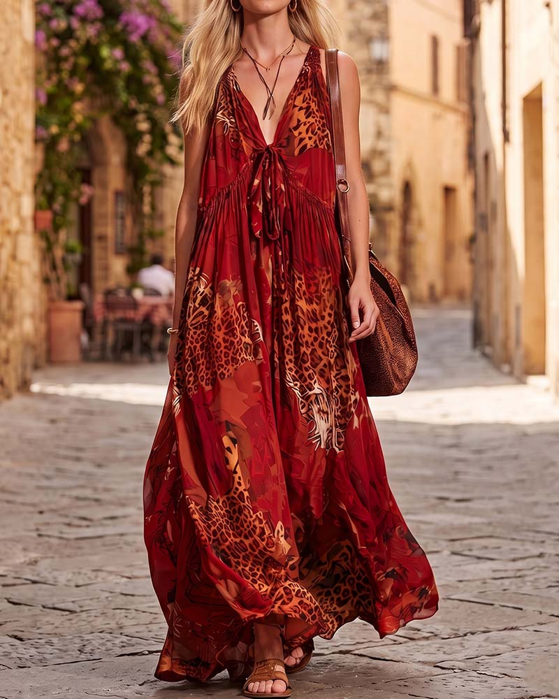 Vestido con cuello en V, estampado de leopardo, estilo bohemio, tirantes finos y corte largo