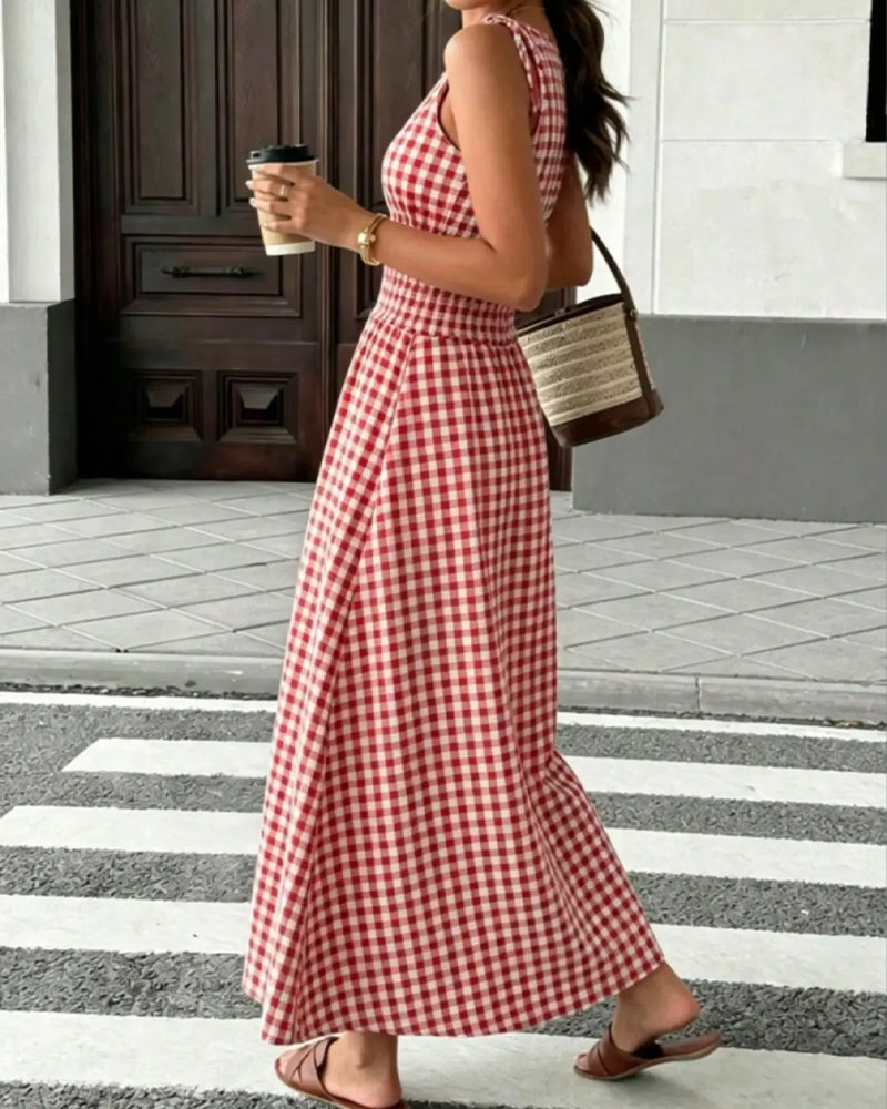 Vestido con cordones, tirantes a cuadros y corte en A