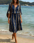 Vestido de cuello en V con estampado de leopardo en patchwork, largo midi, para las vacaciones