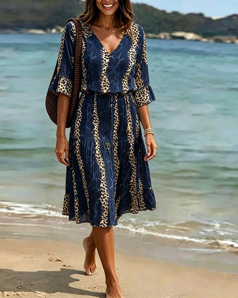 Vestido de cuello en V con estampado de leopardo en patchwork, largo midi, para las vacaciones