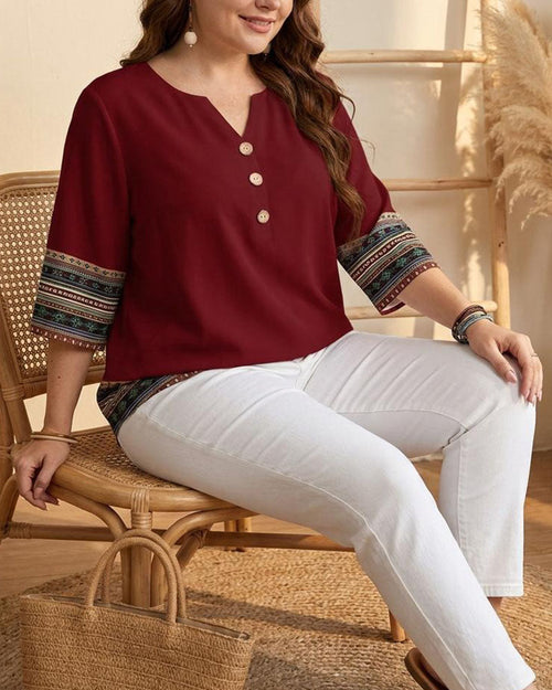 Blusa de rayas de estilo étnico con manga tres cuartos