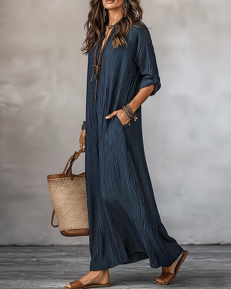 Vestido con cuello en V, a rayas y con bolsillos, estilo camisa