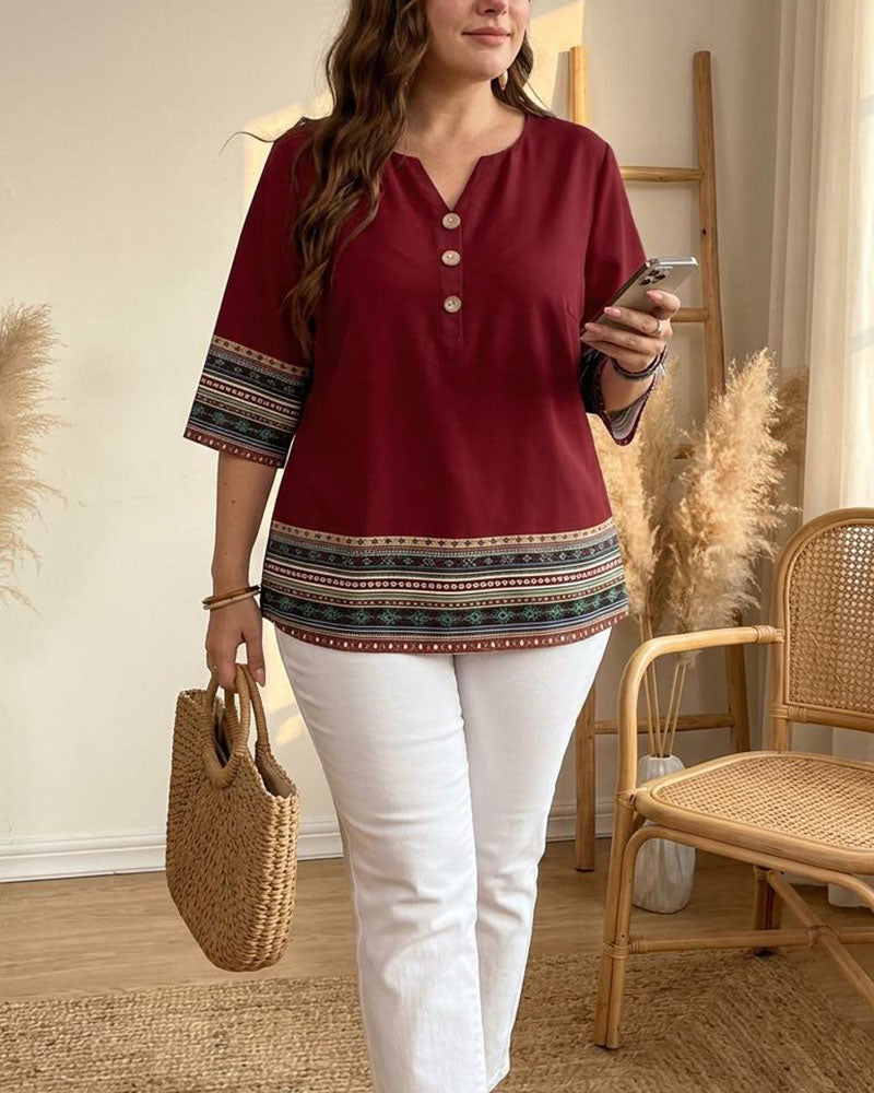 Blusa de rayas de estilo étnico con manga tres cuartos