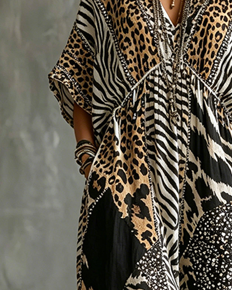 Vestido con cuello en V, estampado de leopardo y mangas de murciélago