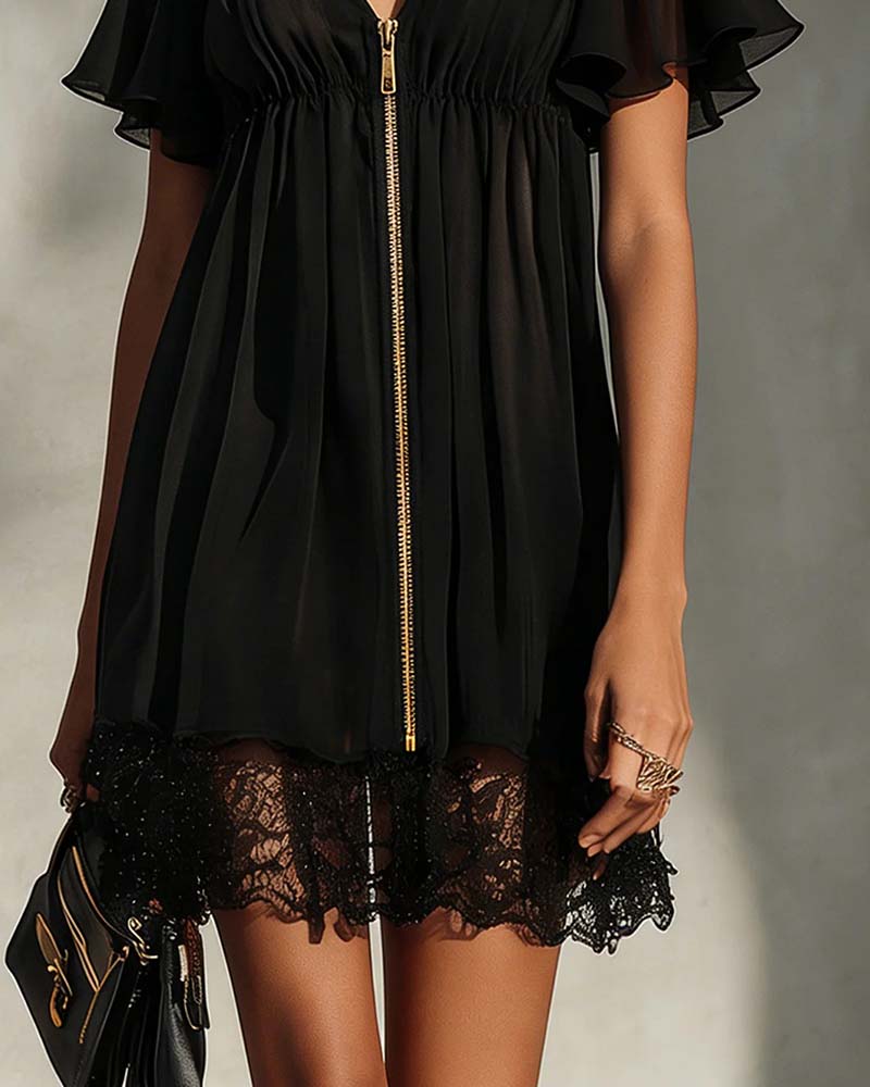Vestido con volantes, mangas de mariposa, cremallera y encaje