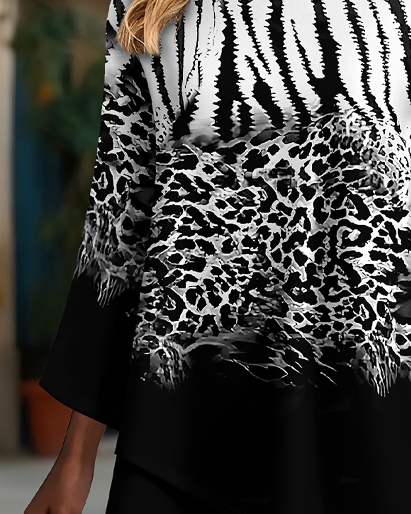 Blusa con cuello redondo, estampado de leopardo y corte irregular